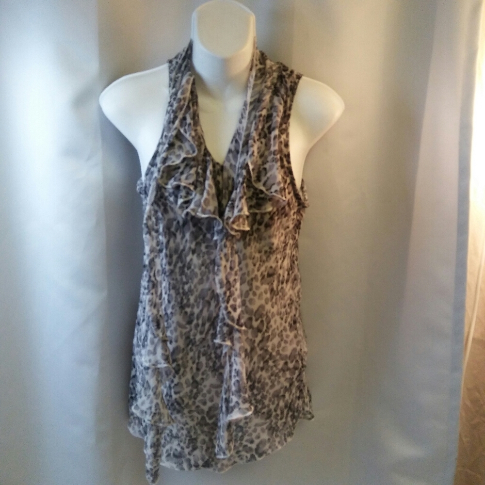 Sheer Lined Print Blouse with Attached Scarf S